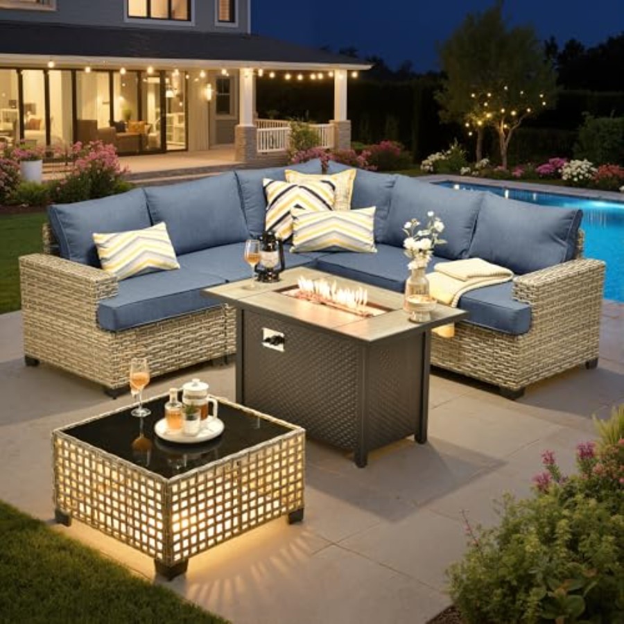 Outdoor Furniture With Fire Pit - طقم أثاث خارجي مقطعي للشرفة مع
